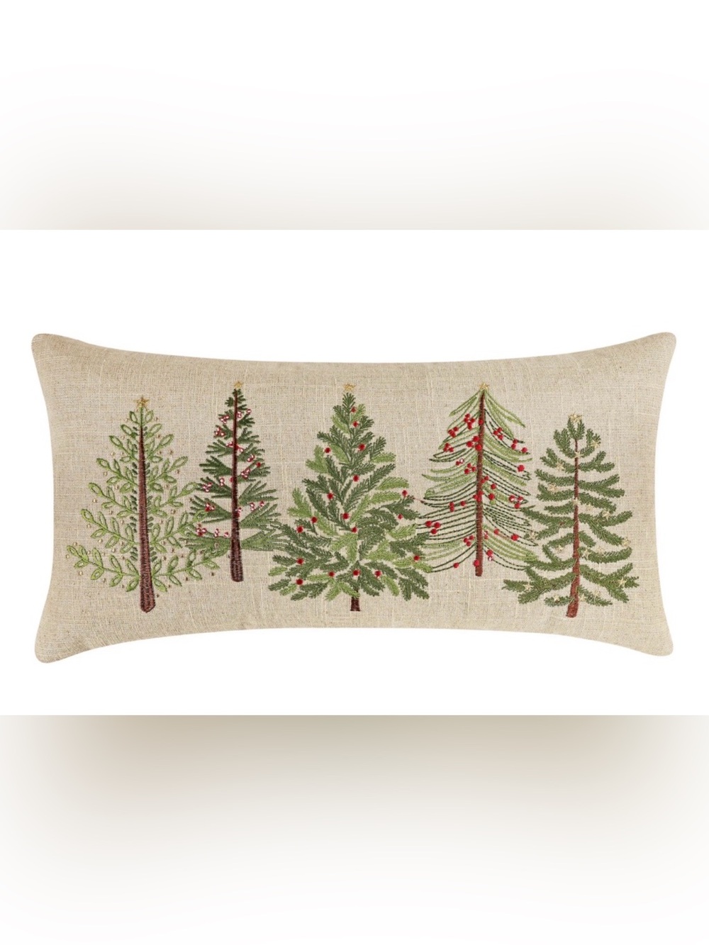 Levtex Beige Holiday Tree Embroidered Lumbar Pillow with Green and Red Accents